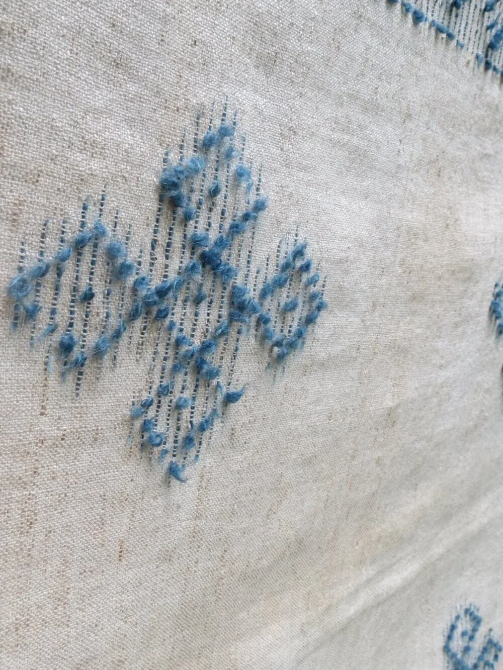Vintage Textured Linen Cloth Ecru & Blue 38” X 36” unique front & back design